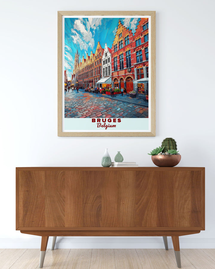 Captivating Belgium travel print depicting the Grote Markt in Bruges. This artwork brings the essence of Bruges to life with its detailed depiction of the citys iconic square and historic charm, perfect for home decor or a thoughtful gift.