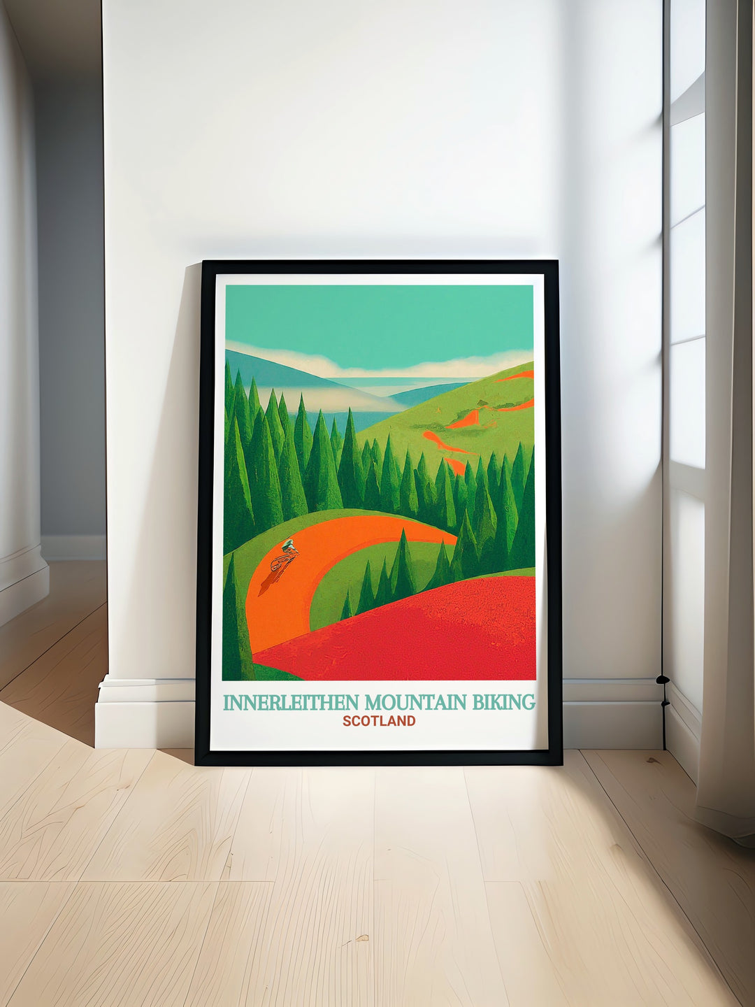 Caberston Forest wall art showcases the heart of Scotlands mountain biking scene, featuring the lush forests and iconic trails of Innerleithen. A great addition to the home of any biking enthusiast or lover of Scottish nature.