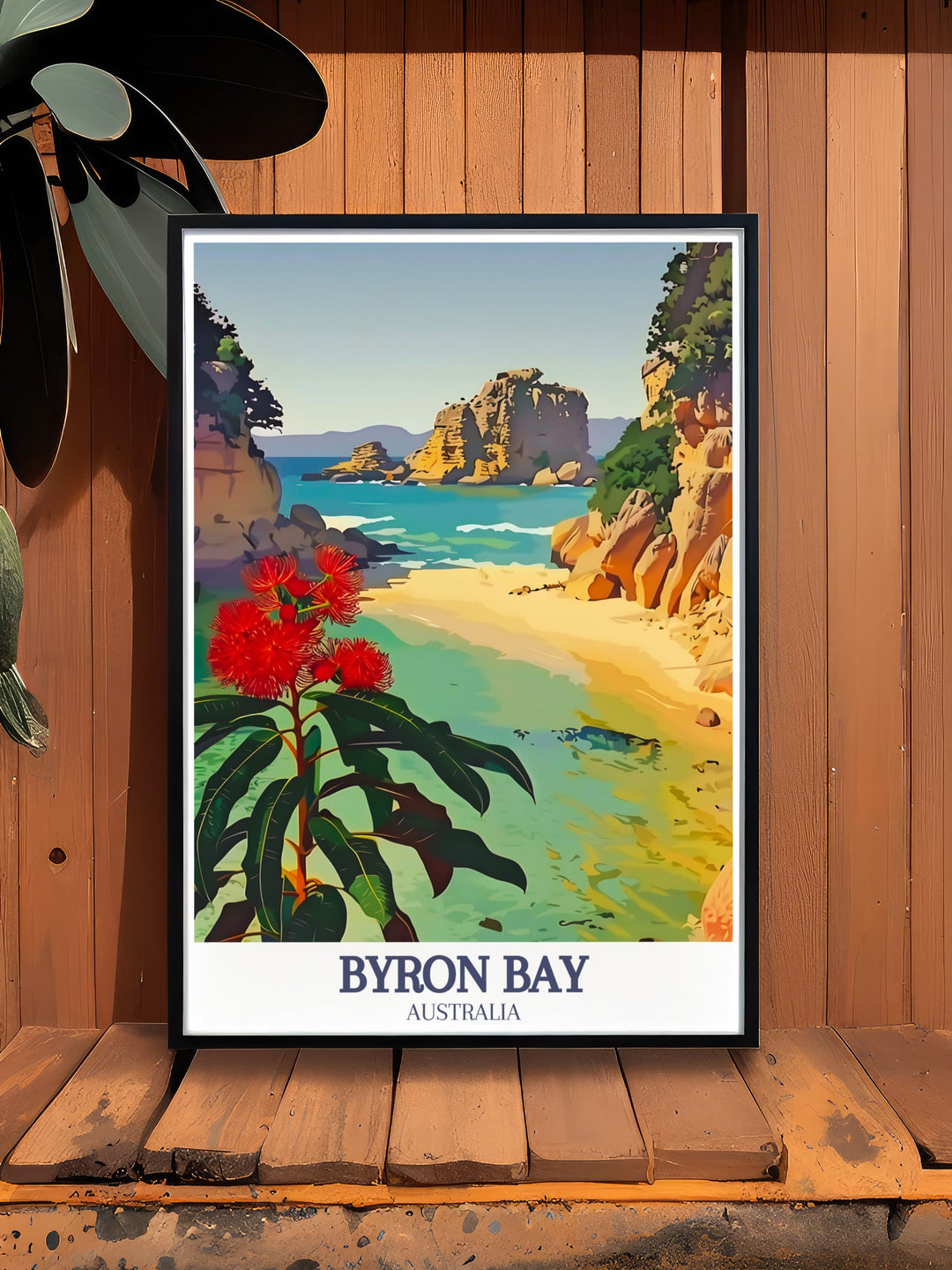 Byron Bay Poster highlighting The Pass, Byron beach perfect for enhancing home decor or as a thoughtful gift. This colorful artwork captures the picturesque views of Byron Bay in stunning detail