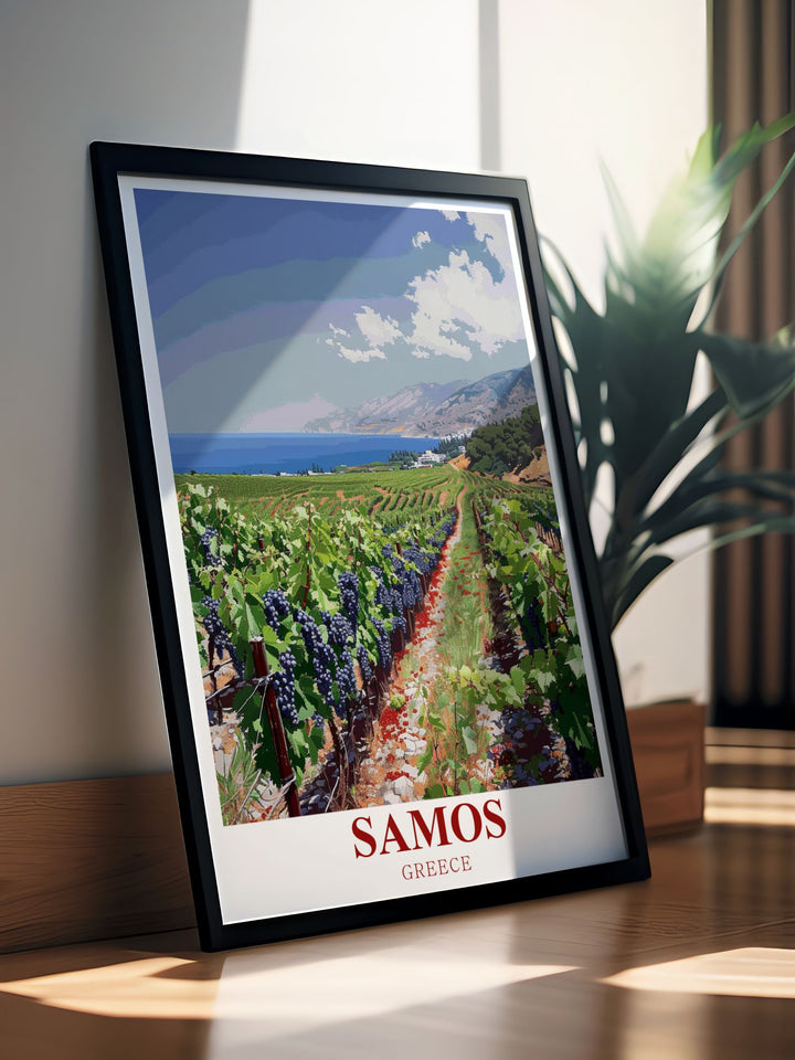 This Samos travel print features the picturesque vineyards of Samos, capturing the islands rich tradition of winemaking and its breathtaking Mediterranean landscape. Perfect for wine lovers and admirers of Greeces natural beauty, this artwork brings a touch of Samos into any home.