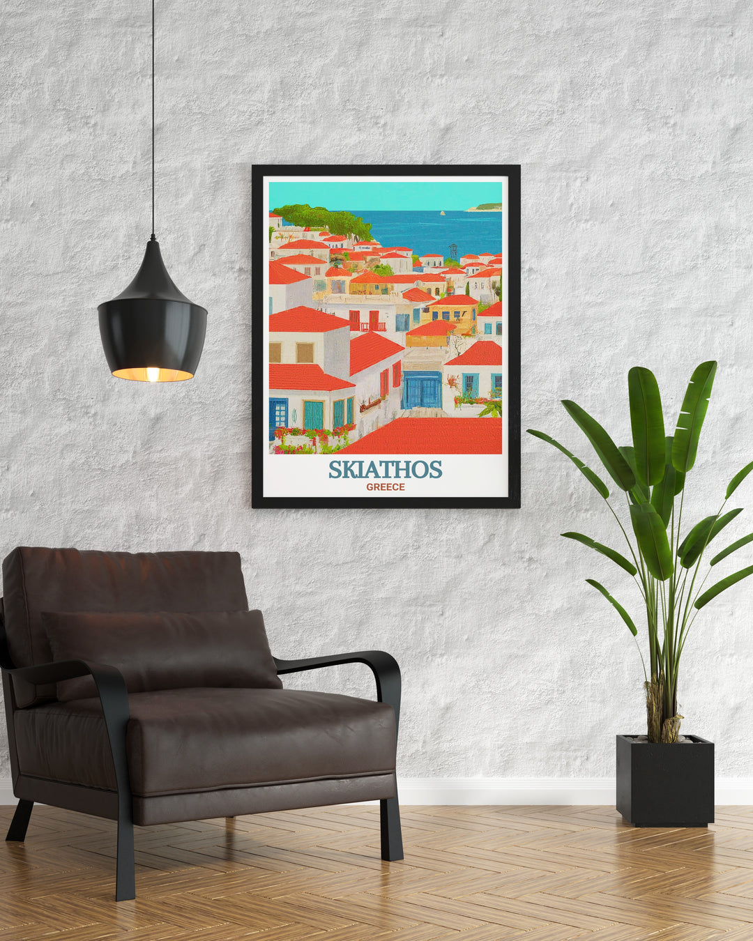 Skiathos Town travel poster featuring the iconic sights of this Greek island. This high quality print brings the beauty of Skiathos into your home, with its detailed depiction of the harbor and streets. Perfect for any decor.