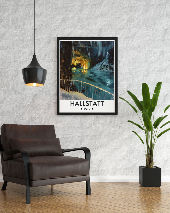 This detailed illustration of the Dachstein Ice Caves offers a captivating view of the icy wonders beneath the earth, perfect for enhancing your home decor with a touch of mystery.