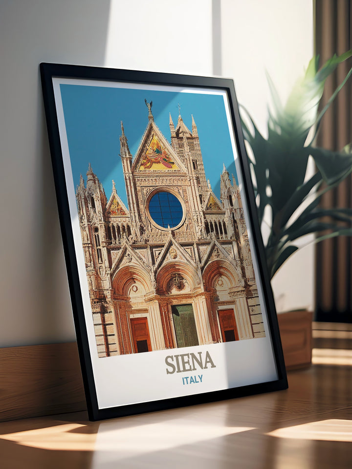 Siena Travel Print in a black and white design featuring the Siena Cathedral and Siena Street Map. This fine line city print offers a modern touch to your home decor and makes an excellent gift for birthdays anniversaries Christmas and more.