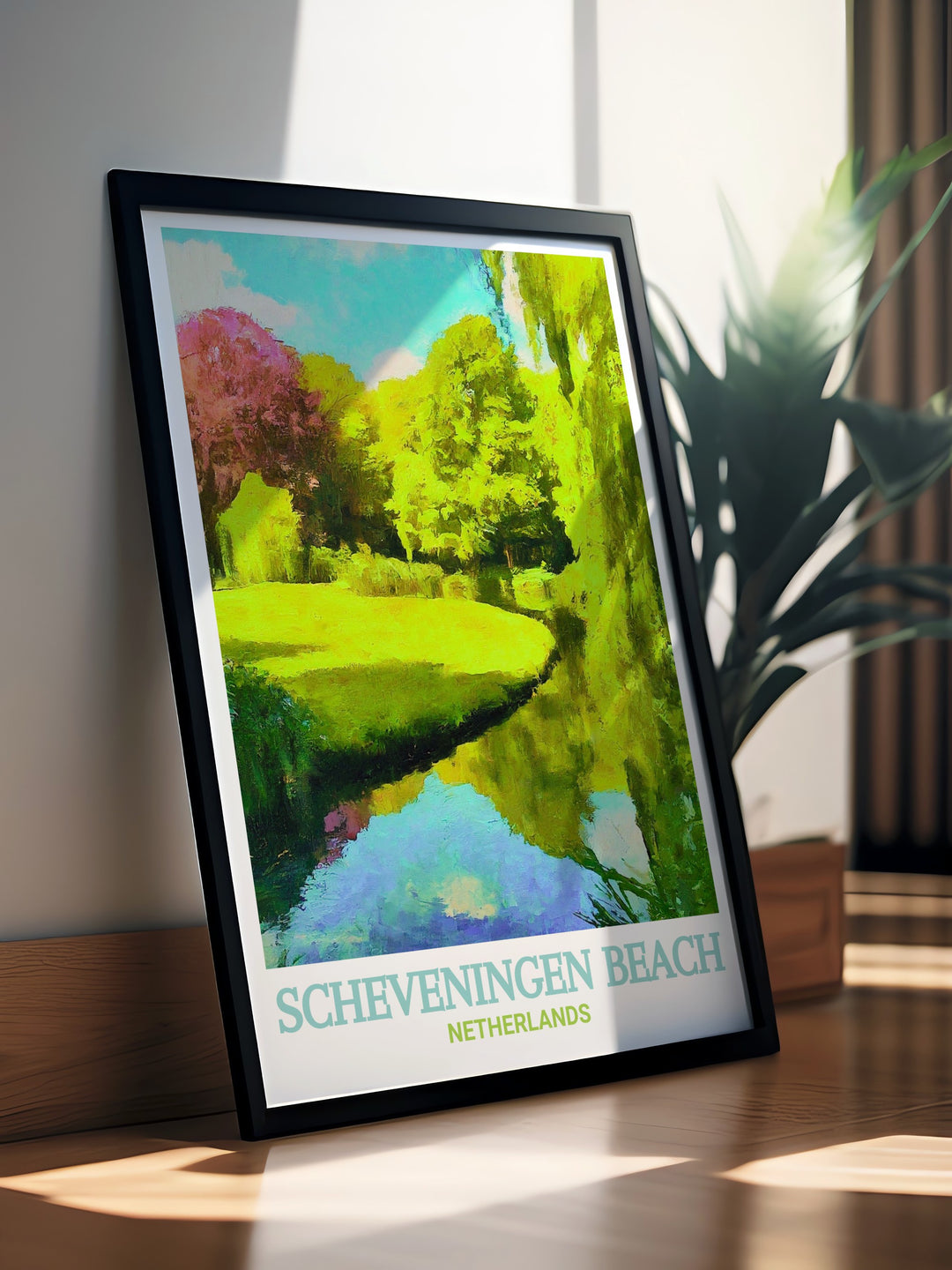 This vibrant wall art piece featuring Scheveningen Beach and Westbroekpark, Netherlands, adds a touch of coastal charm and botanical beauty to your home decor, ideal for art lovers and travelers.