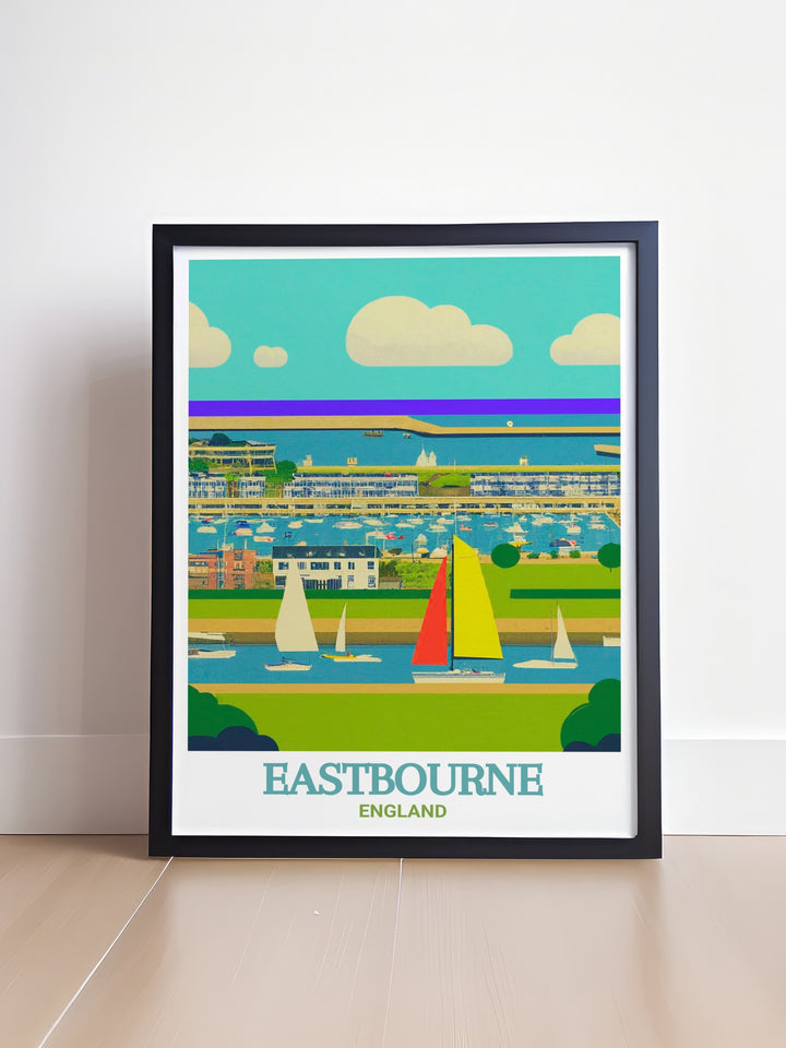 Sovereign Harbour travel print capturing the serene beauty and modern elegance of this picturesque marina in Eastbourne. Perfect for nautical and coastal enthusiasts, this artwork brings the charm of Englands south coast into your home decor.