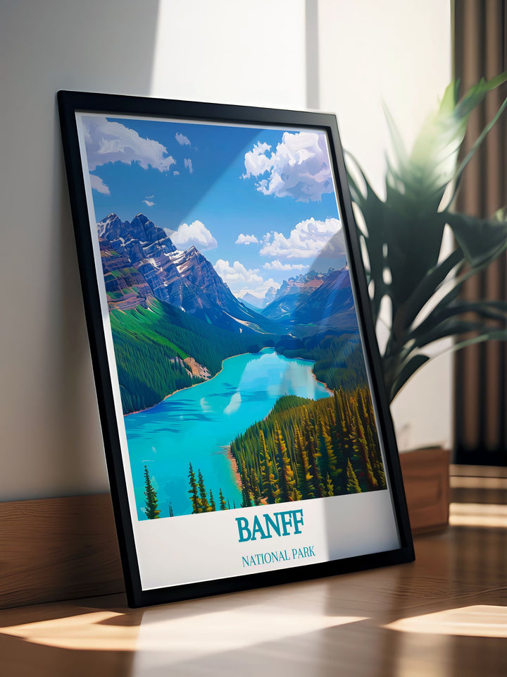 Banff National Park travel poster featuring the serene beauty of towering mountains and dense forests, capturing the essence of wilderness and adventure for nature lovers looking to decorate their spaces with inspiring natural landscapes.