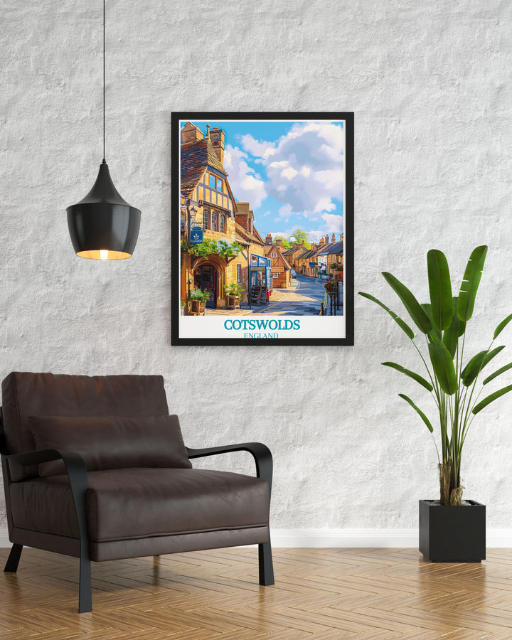 Discover the timeless charm of Chipping Campden in the Cotswolds with a detailed art print showcasing its honey colored stone buildings and lush gardens, perfect for adding a touch of English elegance to your living space.