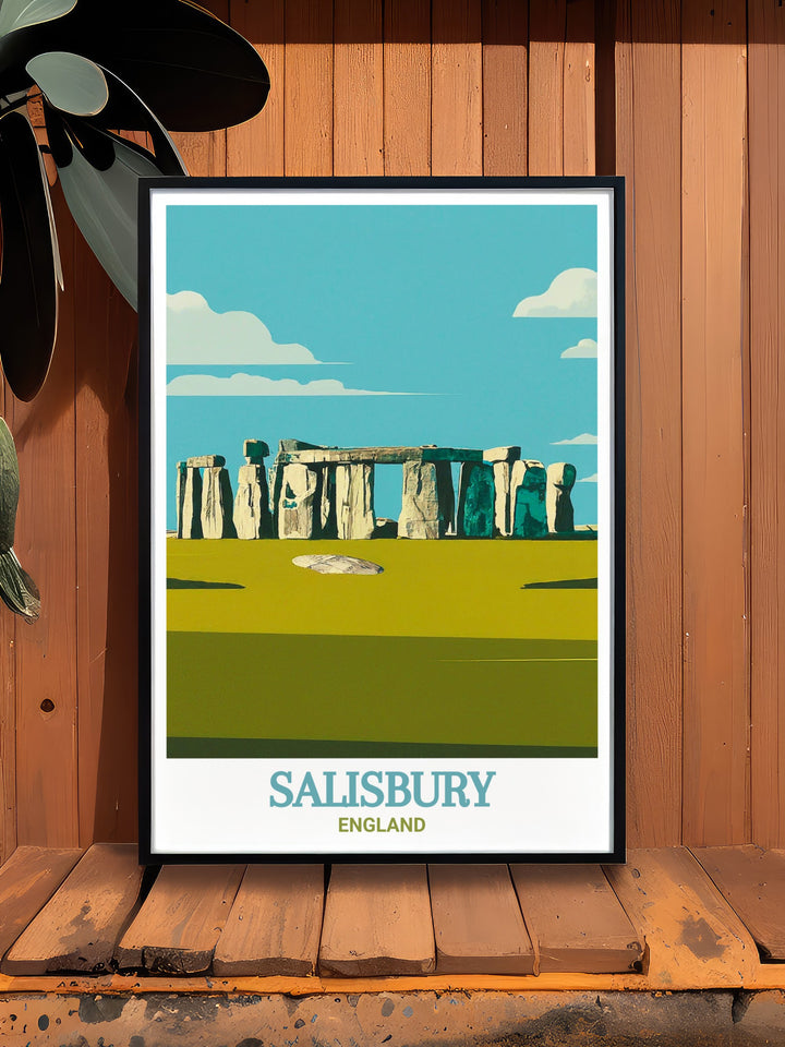 Wall poster featuring Salisbury Cathedral and Stonehenge, capturing the essence of Englands architectural and archaeological marvels. A beautiful gift for anyone who loves English history and culture.