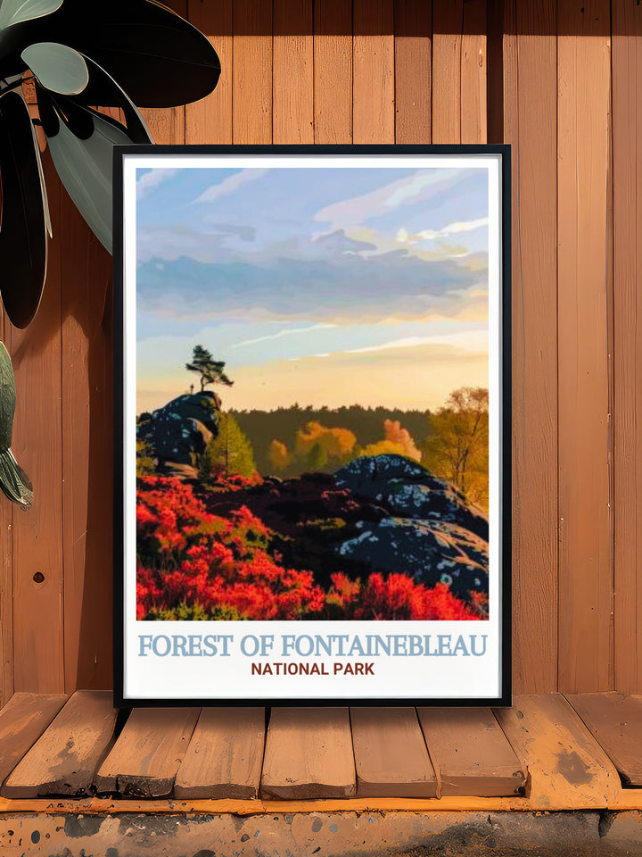 Celebrate the natural wonder of Fontainebleau with this vintage poster. Showcasing the rich history and scenic landscapes of Frances famous national park, this artwork adds a touch of classic French charm to your home. Perfect for nature lovers and outdoor enthusiasts, this poster brings the beauty of the French countryside to life.