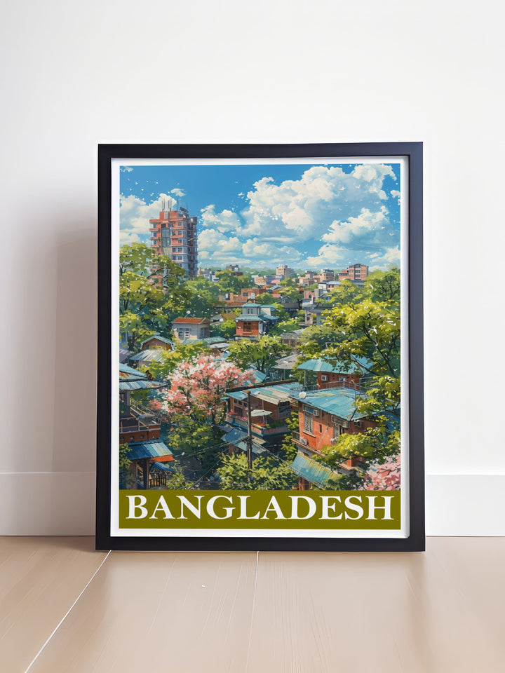 Highlighting the cultural richness of Dhaka, this travel poster features iconic landmarks and historic sites, ideal for history enthusiasts and home decor lovers.