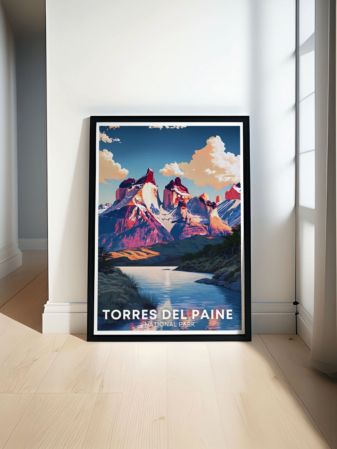 Torres del Paine National Park poster showcasing the majestic Cuernos del Paine in Patagonia Chile perfect for home decor or travel enthusiasts. This vintage print captures the essence of South American landscapes and wildlife featuring stunning guanacos against dramatic mountains.