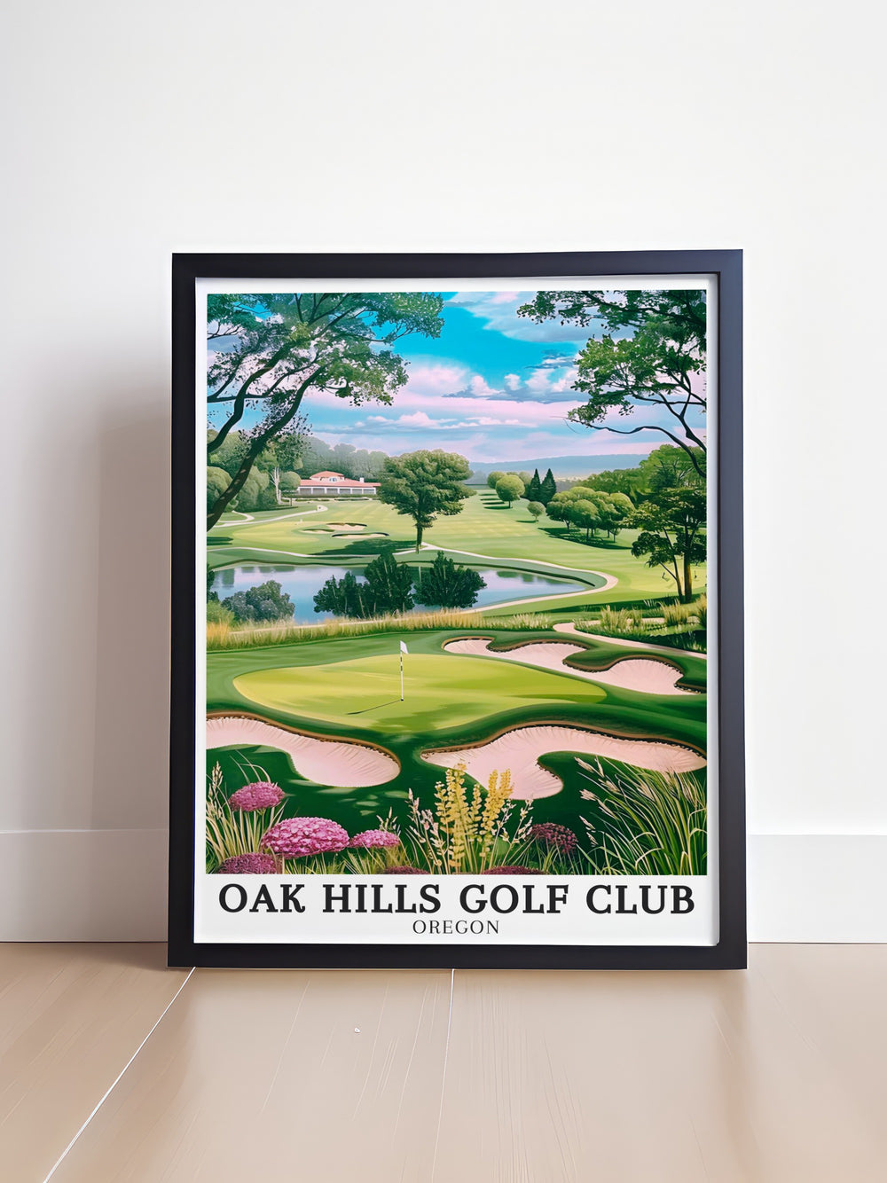 Decorate your home or office with this stunning Oak Hills Golf Club poster. Highlighting the scenic beauty of the 18 hole course and its charming Club House, this print is perfect for anyone who appreciates golf and the natural elegance of Oregon.