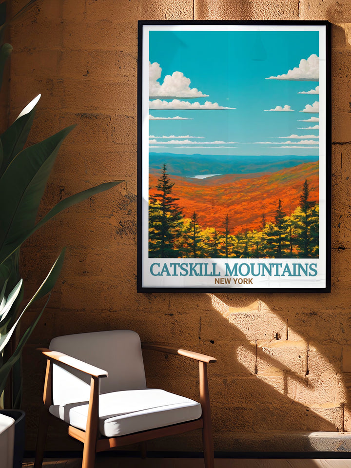 Catskill Park stunning living room decor inspired by the scenic Catskill Mountains. This New York travel poster adds a touch of elegance and adventure to your wall decor, perfect for nature lovers and travelers looking for unique Catskill Wall Art.