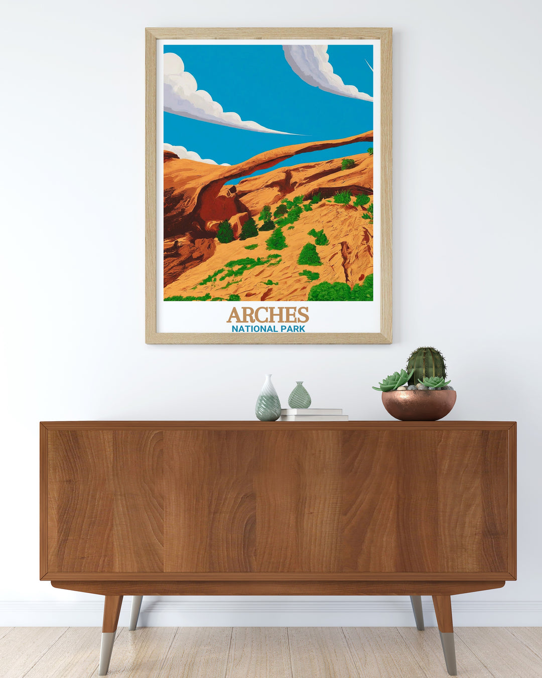 Beautiful Landscape Arch print capturing the breathtaking landscape of Arches National Park perfect for home decor or as a special gift for friends and family who appreciate National Park art and the great outdoors.