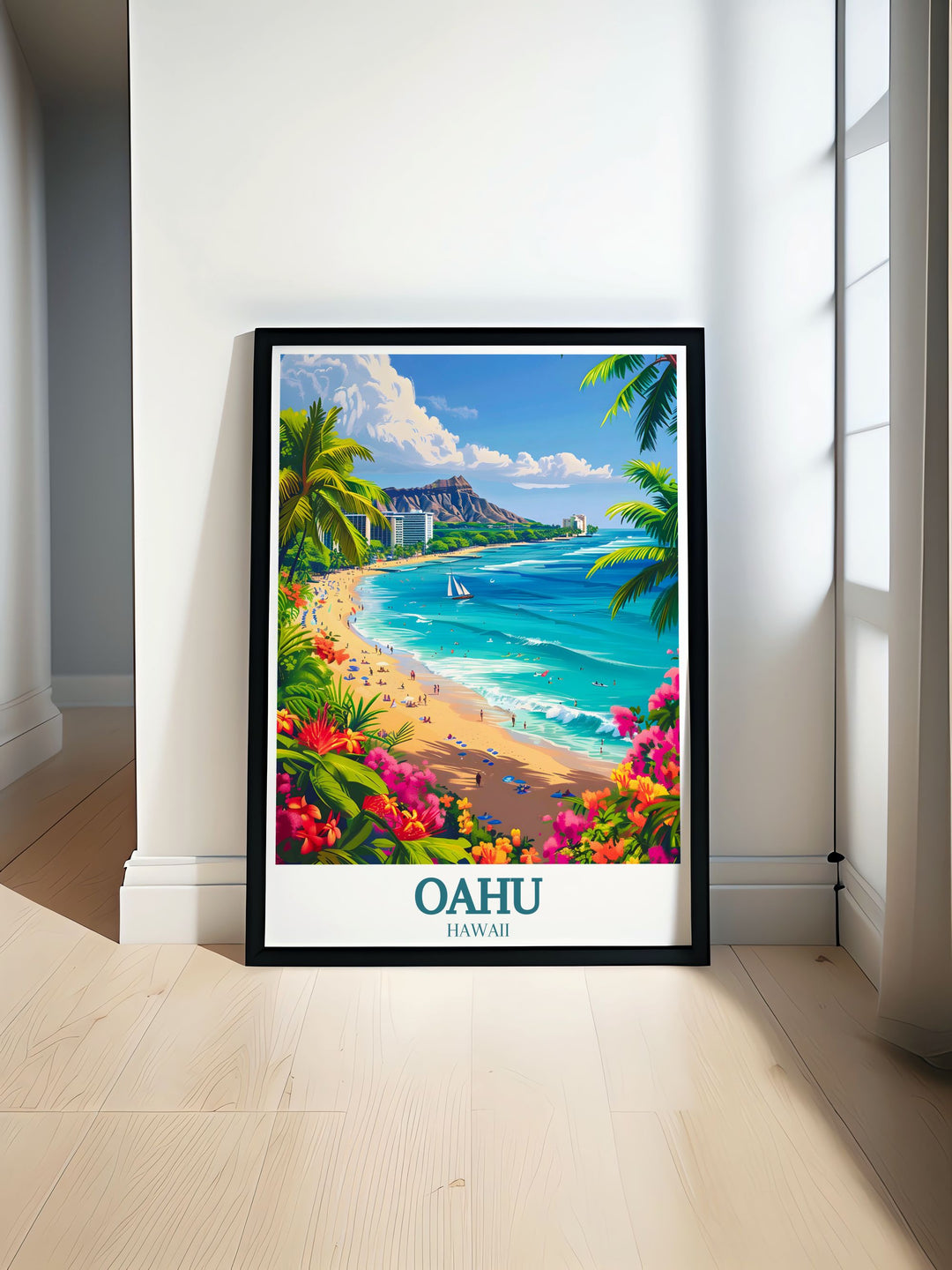 This Oahu print beautifully captures Waikiki Beach and Diamond Head Crater perfect for adding a touch of Hawaiian paradise to your home decor and an ideal gift for any occasion.