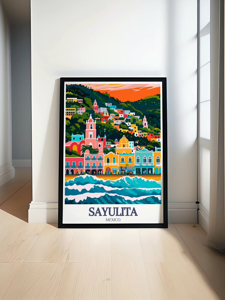 Celebrate the bohemian spirit of Sayulita with this travel print, featuring the iconic Main Street and stunning beach. Whether youre reminiscing about a vacation or dreaming of future travels, this wall art brings coastal beauty into your decor.