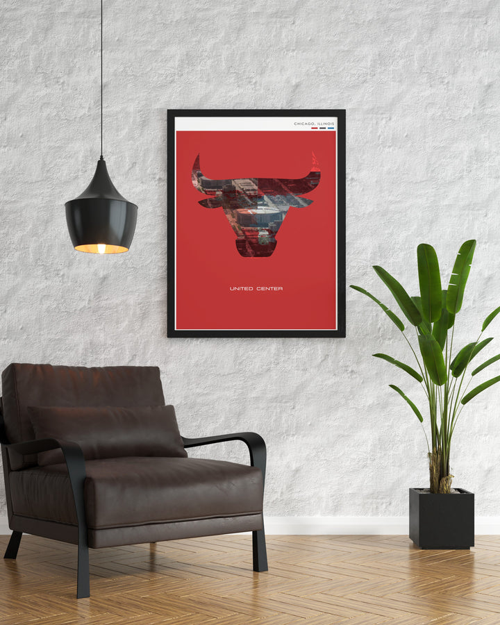 This vintage NHL print showcases the United Center and the classic Blackhawks jersey capturing the thrilling moments of Chicago Blackhawks games and making it a standout piece in any sports memorabilia collection