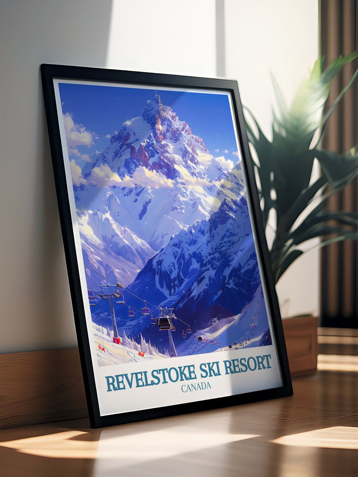 National Park Poster highlighting Mount Mackenzie and the Revelation Gondola cable car. This skiing wall art is perfect for any nature lover or adventure seeker. A beautiful framed print that adds a touch of British Columbias majestic landscapes to your decor.