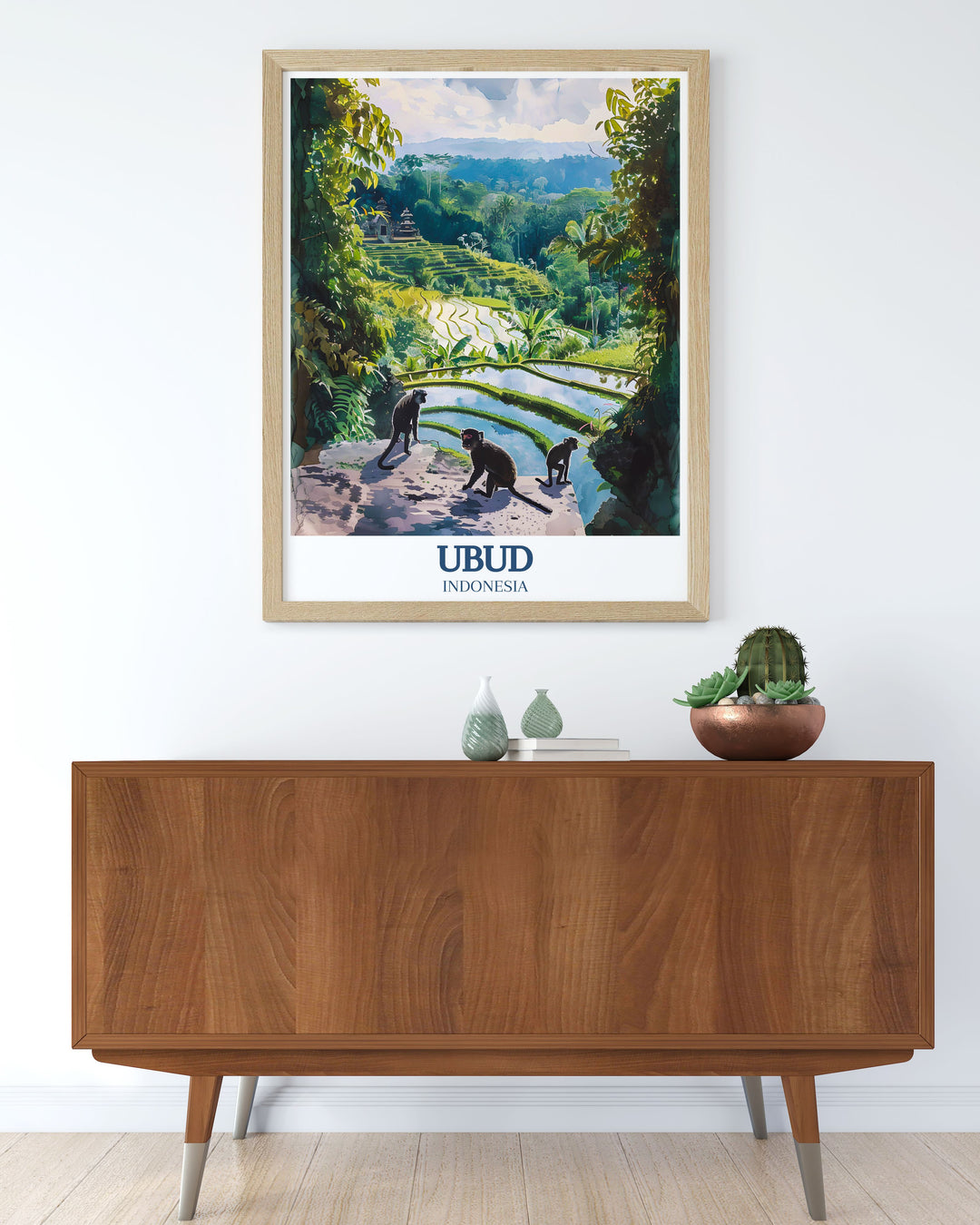 A travel print of Balis iconic Tegalalang Rice Terrace and Sacred Monkey Forest, showcasing the islands vibrant nature and cultural richness. This Ubud inspired art piece is perfect for home décor or as a special gift for Bali lovers.