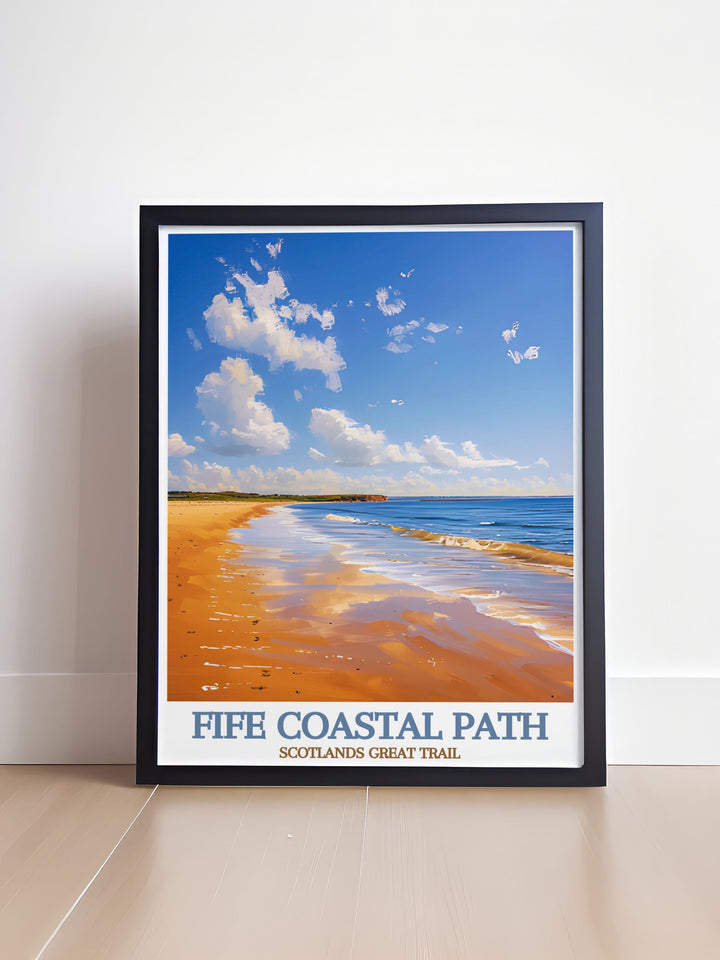 The breathtaking scenery of Crail Harbour and the lush landscapes of the Fife Coastal Path are beautifully illustrated in this poster, celebrating the natural beauty and tranquility of Scotland.