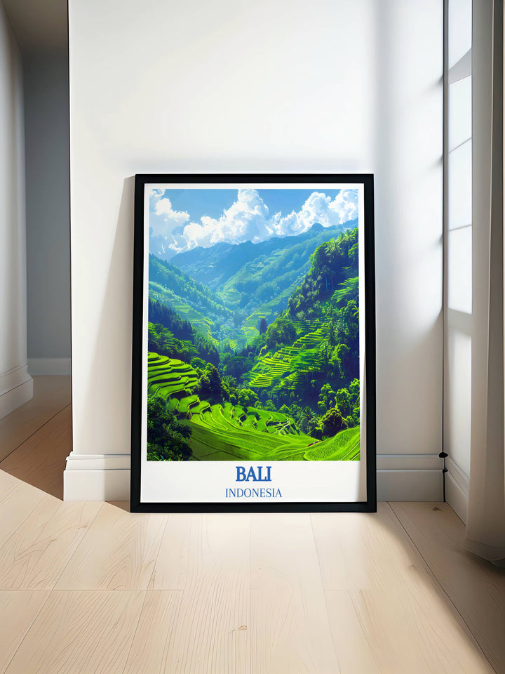 Travel poster of Tegalalang Rice Terraces, a striking decor piece that brings a piece of Balis picturesque nature to any interior.
