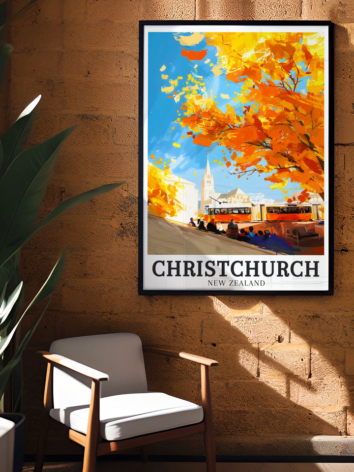 Celebrate the iconic ChristChurch Cathedral and Christchurch Heritage Trams with a beautiful New Zealand art print ideal for travelers and art enthusiasts who want to bring the charm of Christchurch into their home with this stunning and elegant wall decor.