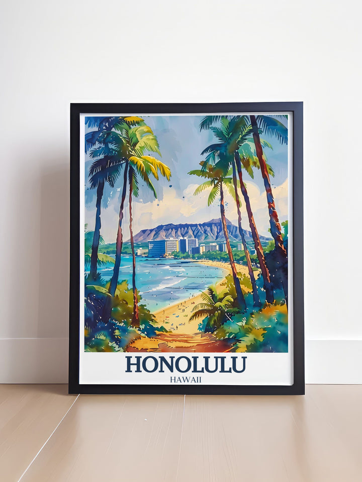 Custom print of Diamond Head Crater, offering a personalized depiction of this iconic Hawaiian landmark. The artwork captures the craters geological significance and breathtaking vistas, making it an excellent choice for nature lovers.