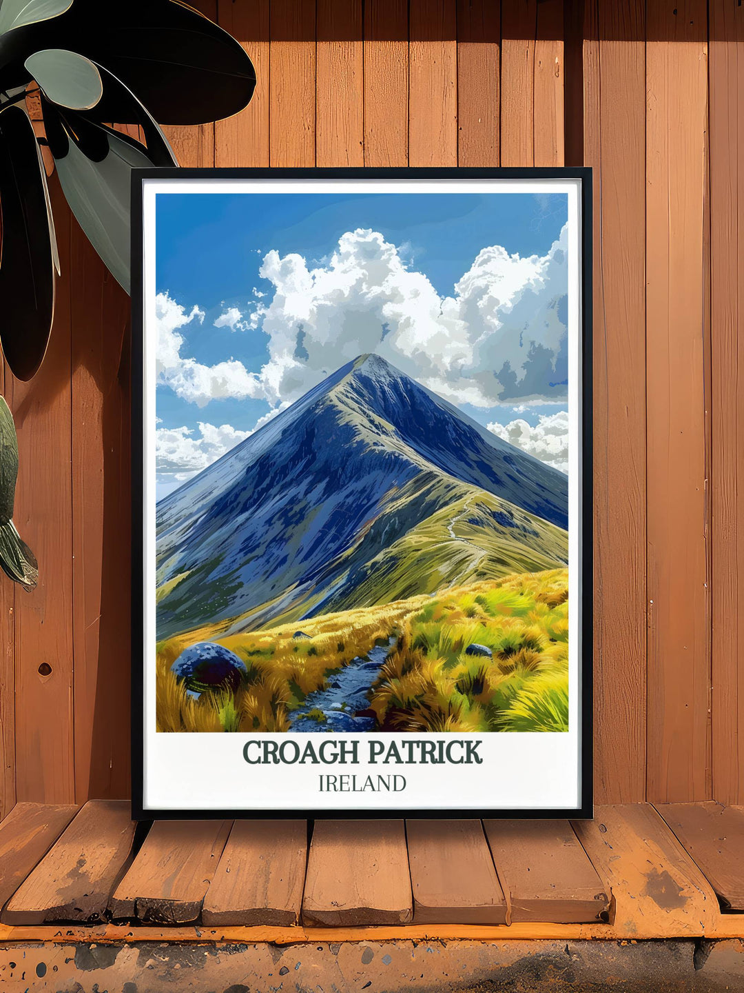Experience the spiritual journey of the Croagh Patrick Trail with this travel poster depicting the majestic mountain and the historic Croagh Patrick Summit. Ideal for those who appreciate Ireland Catholic themes and Irish wall art.