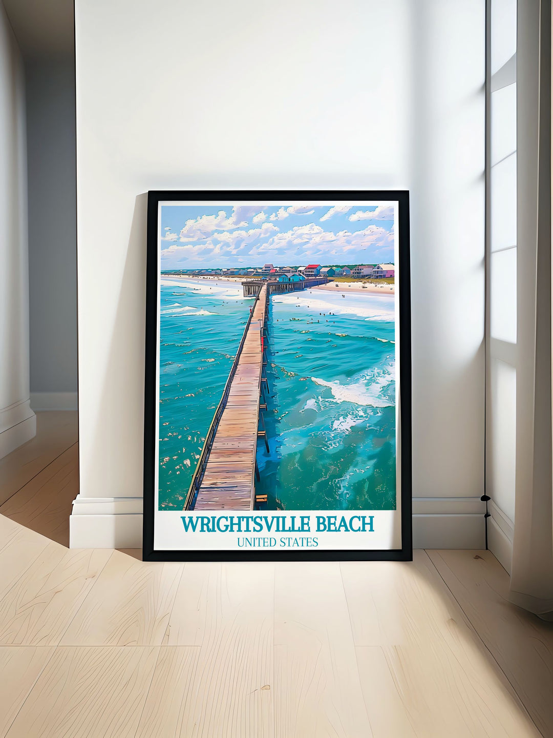 Wrightsville Beach Poster Print featuring Crystal Pier offers a vintage inspired design with a minimalist aesthetic ideal for modern interiors. This travel poster print captures the serene coastal beauty of North Carolina and serves as a timeless piece of wall art.