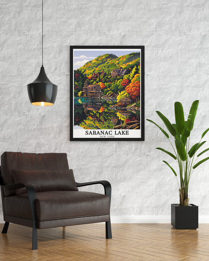 Saranac Lake artwork showcasing the natural beauty of the Adirondack Mountains and Adirondack Park in New York State This print is ideal for anyone looking to bring the outdoors into their home with stunning New York State art and modern wall decor