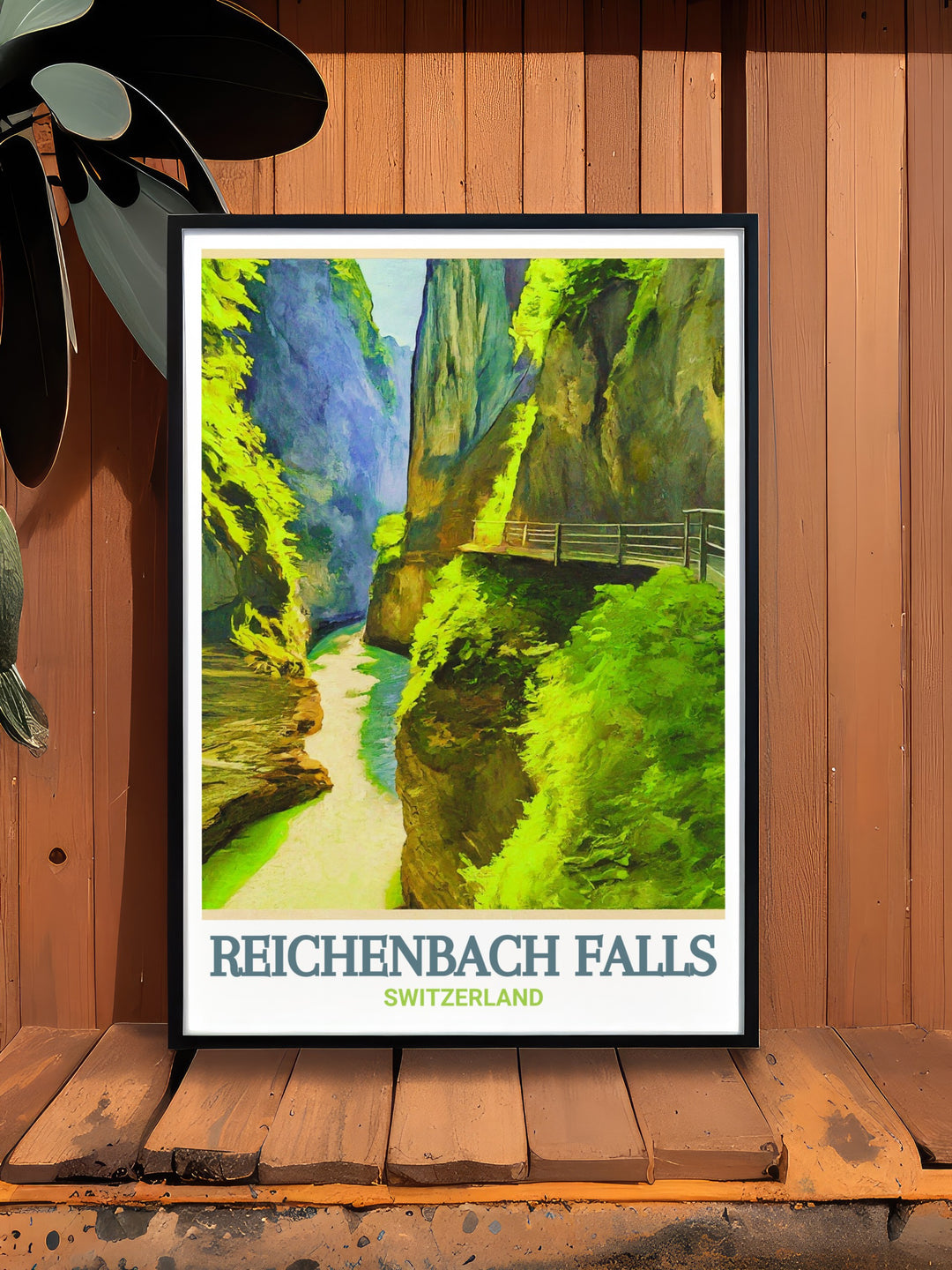 A beautifully detailed travel poster of Reichenbach Falls and Aare Gorge in Switzerland, showcasing the dramatic landscapes of these iconic sites. Perfect for nature lovers and travelers, this Switzerland wall art is a must have for anyone looking to bring the serenity of the Swiss Alps into their home.