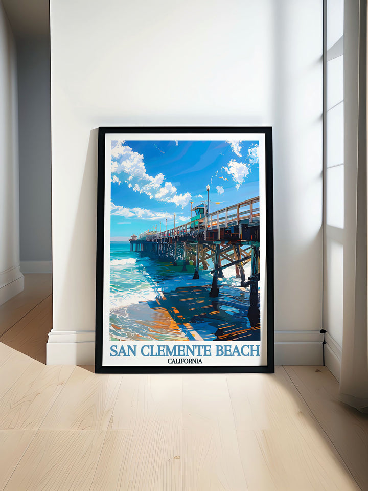 This San Clemente Travel Poster beautifully illustrates the golden beaches and landmark pier of one of Californias most beloved coastal towns. Perfect for surfers, ocean lovers, and anyone who cherishes beach decor, this print makes a fantastic addition to any home.