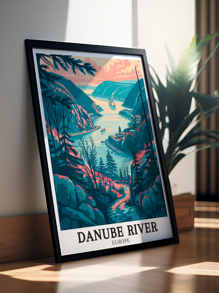 Kazan Gorge Hungary is the focal point of this elegant Danube Print. The artwork captures the serene flow of the Danube River through the majestic gorge. Perfect for adding a touch of nature to your home decor.