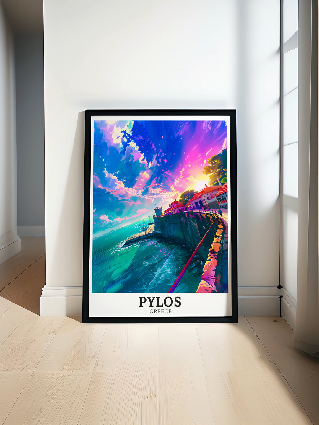 Discover the beauty of Pylos with this Greece Island Print featuring the Ionian Sea and Messinian land perfect for transforming any room into a tranquil Mediterranean inspired space ideal for lovers of Greek history and stunning landscapes