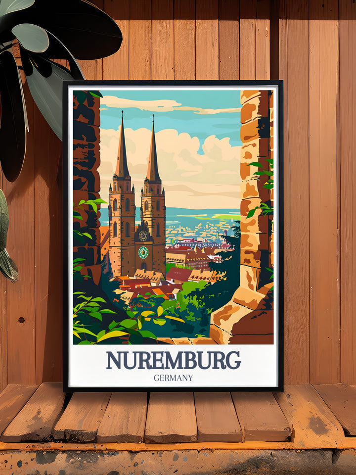 Nuremberg travel poster capturing the beauty of Bavarias iconic landmarks, including St. Lorenz Church. This minimalist design highlights the citys architectural grandeur, making it a perfect addition to your home or office. Ideal as a gift for those who appreciate German culture and history.