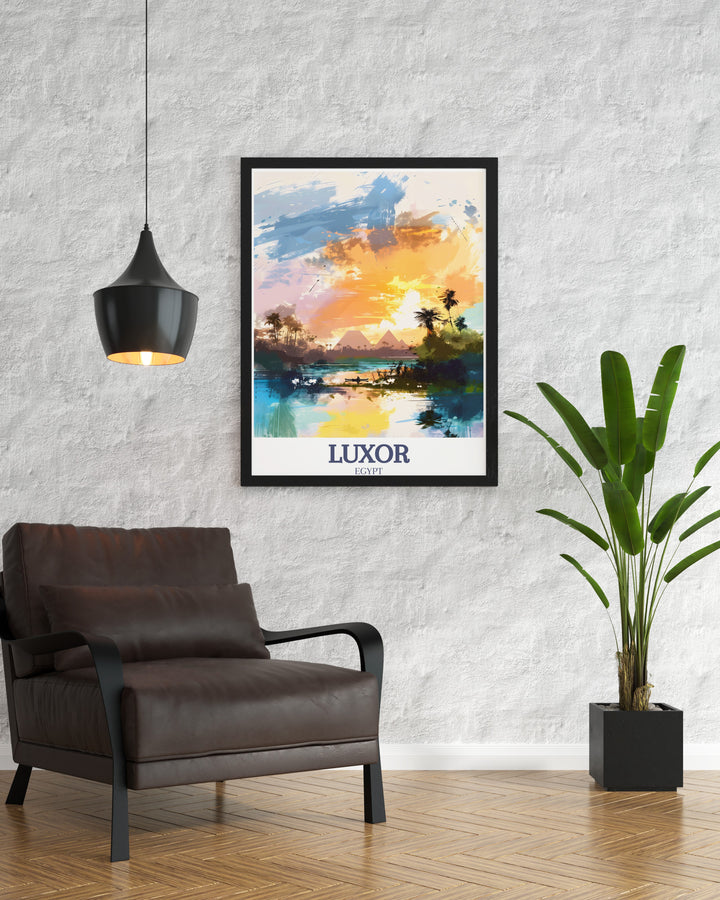 Luxor decor print featuring the Pyramids of Giza and Nile River ideal for modern home decor this beautiful art print is perfect for adding a touch of ancient Egypt to your living space or as a thoughtful gift