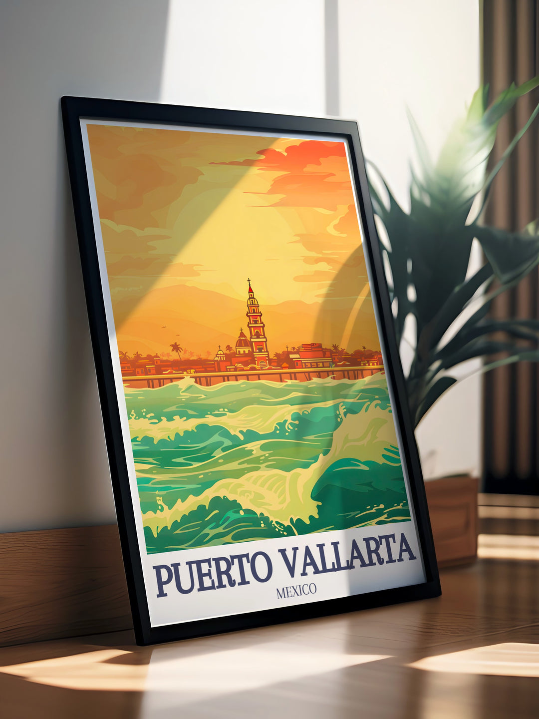 This Puerto Vallarta travel print features intricate details of the citys historic Church of Our Lady of Guadalupe and the vibrant Malecón boardwalk. A perfect anniversary or birthday gift, this elegant black and white art piece celebrates the charm of one of Mexicos top coastal cities.