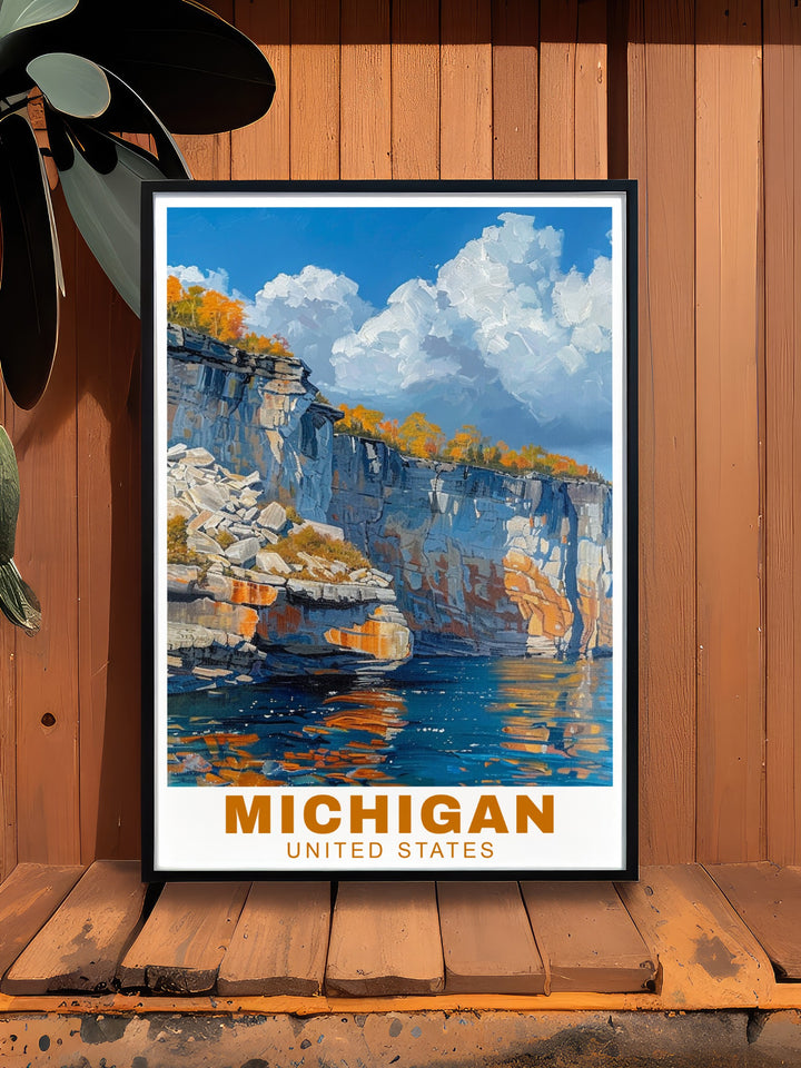 This framed art piece showcases Michigans Pictured Rocks and Leelanau in stunning detail. The vibrant colors and vintage design make it a perfect choice for home décor, guest rooms, or Airbnbs. Bring a piece of Michigans beauty into your home with this USA travel print.