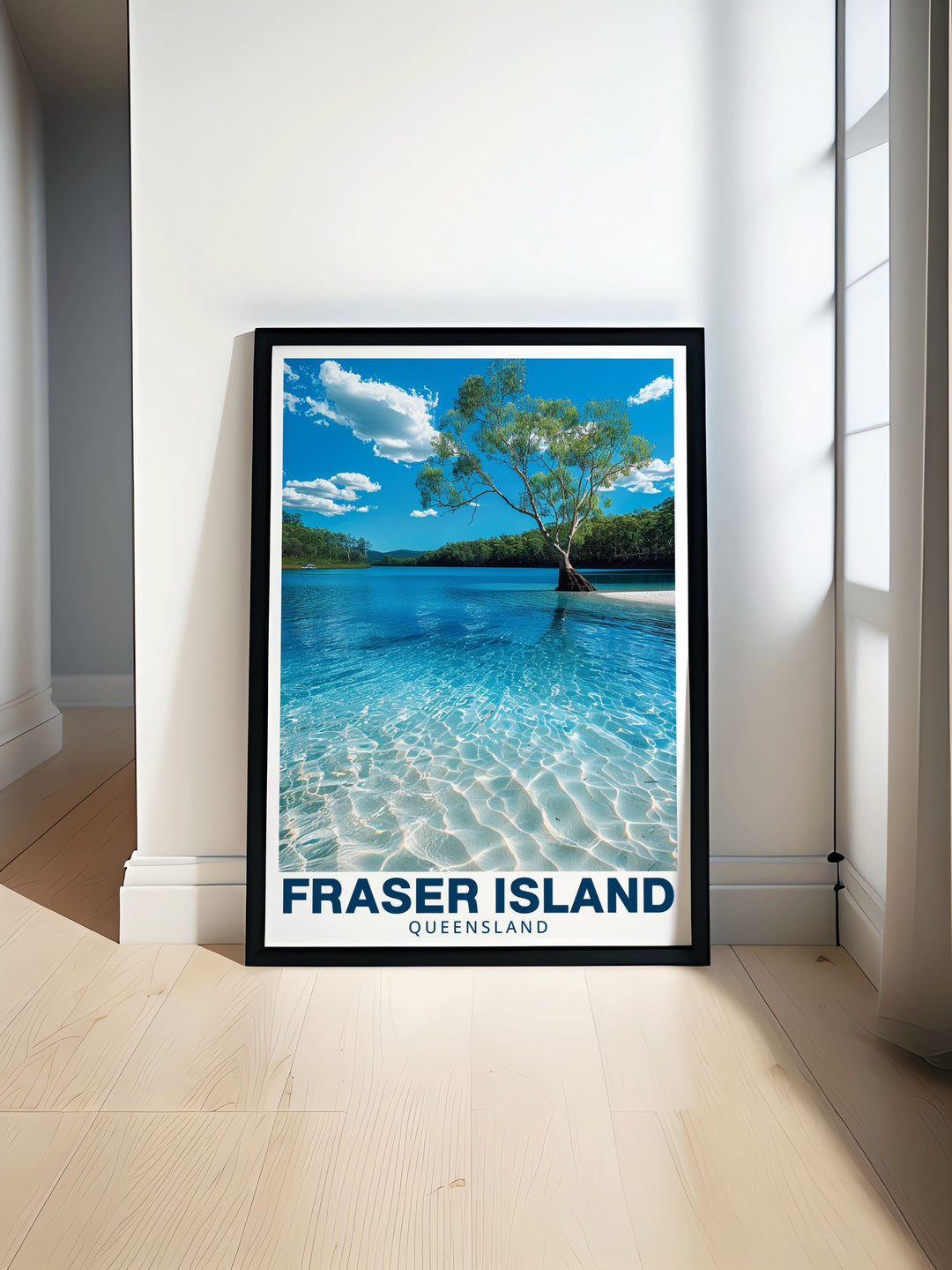 Fraser Island Art Print featuring the stunning LakeMcKenzie offers a vibrant display of natures beauty. This Australia Poster is perfect for anyone seeking to add a serene and elegant touch to their living room with a focus on the natural charm of Queensland.