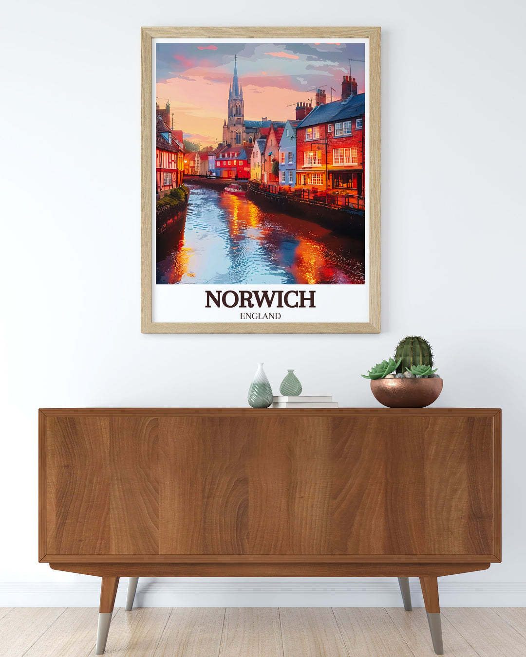 Vintage travel print of Blakeney Norfolk featuring the Norfolk Coast Path and the serene Blakeney Harbour perfect for UK travel enthusiasts with detailed illustrations of the River Wensum Tudor buildings and The Norwich Cathedral.