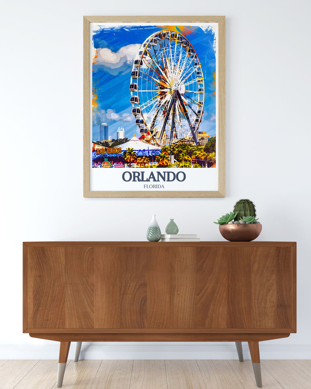 ICON Park framed art featuring the lively and vibrant spirit of Orlandos famous entertainment district. With the Orlando Eye as its centerpiece, this artwork captures the citys modern charm and is an ideal personalized gift for those who cherish their Florida travels and experiences.