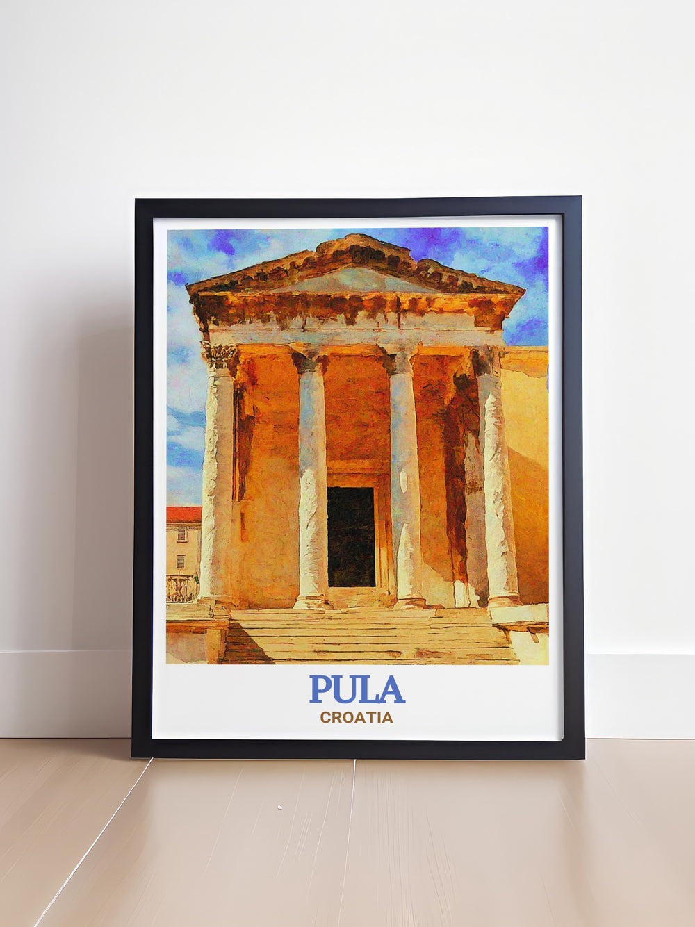 An exquisite representation of the Temple of Augustus in Pula, Croatia, highlighting the architectural brilliance of the Roman Empire. This wall art piece is ideal for history enthusiasts and those who appreciate classical design.