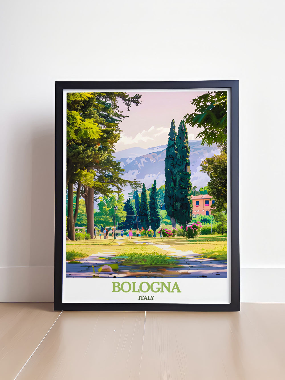 Elegant Bologna wall art depicting the Two Towers and the scenic Giardini Margherita, showcasing the citys urban charm and natural tranquility. Perfect for adding sophistication to any room.