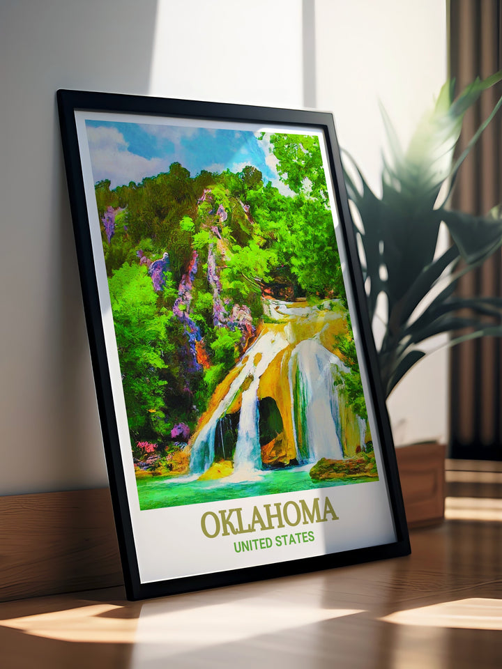 Black and white Oklahoma poster print featuring Turner Falls Park. Fine line art and matted design make this piece a great choice for modern decor. Perfect for gifting on special occasions like birthdays anniversaries and holidays.