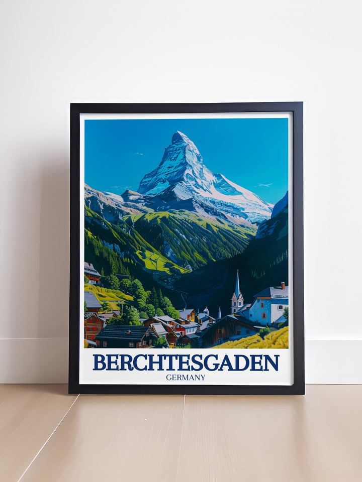 Our Berchtesgaden vintage poster brings to life the awe inspiring landscapes of southern Germany, featuring Watzmann mountain and Ramsau Village. Perfect as a travel poster or wall art, this print offers a piece of Bavarias natural charm for your home or office.