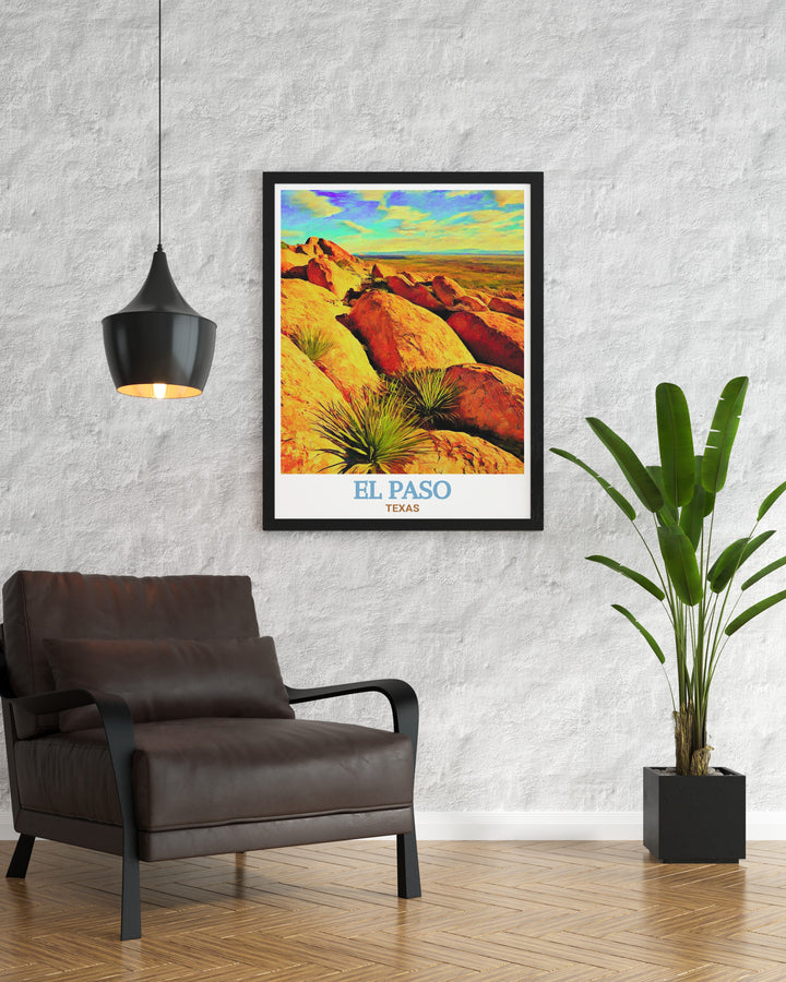 Highlight the beauty of Texas in your home with this Hueco Tanks State Park travel print. Featuring the famous rock formations and natural landscapes, this artwork is perfect for anyone who has a passion for Texas or outdoor adventures. Printed with high quality, fade resistant inks, it will remain vibrant for years to come.