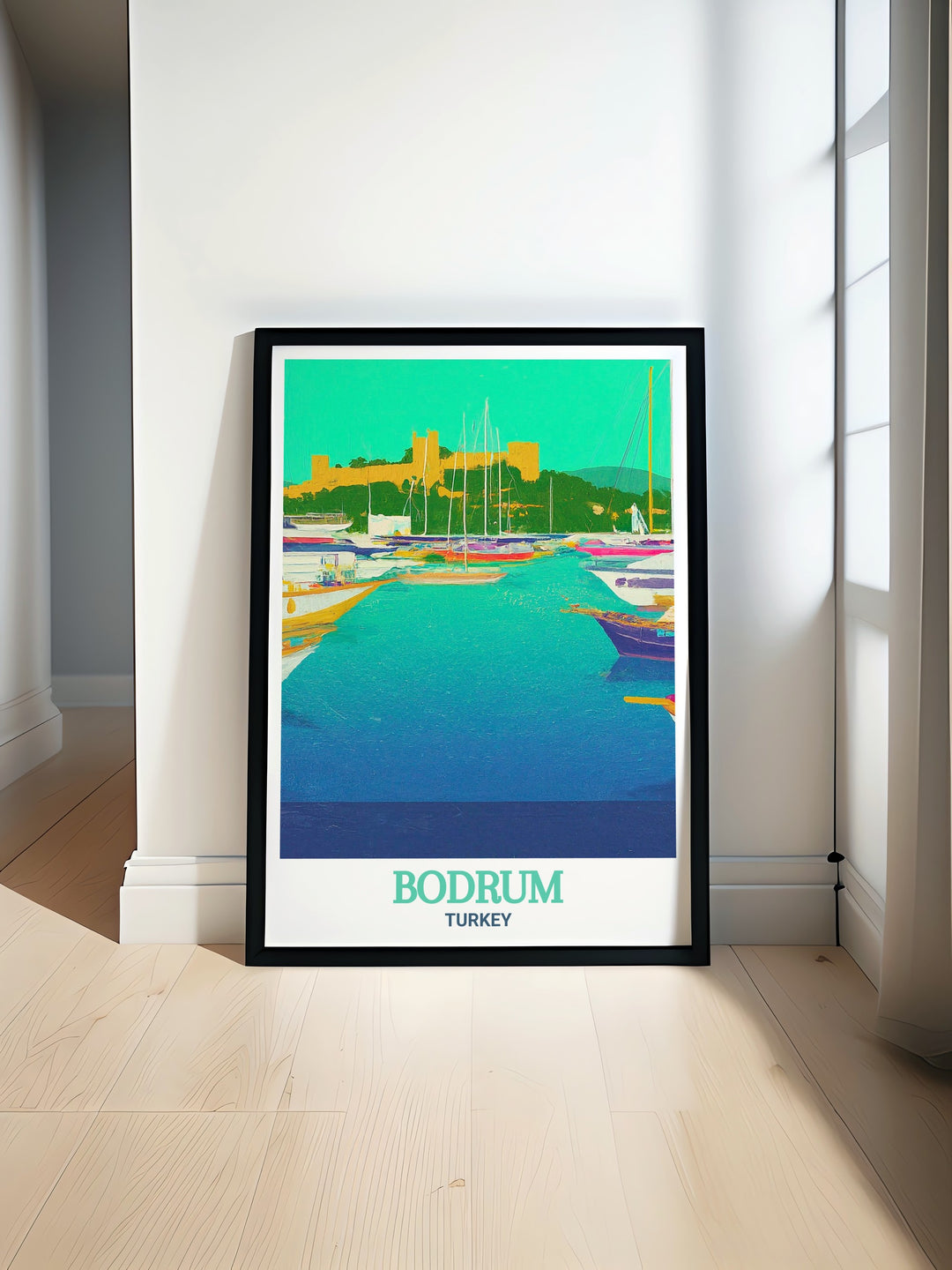 Bodrum Marina art print showcasing the tranquil beauty of Bodrum Turkey perfect for adding coastal charm to your home decor. This Turkey wall art features the serene Bodrum Marina beautifully captured in vibrant colors and intricate details.