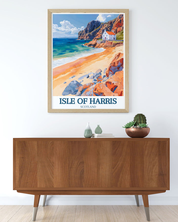 Travel poster of the Isle of Harris, highlighting its scenic landscapes and historical sites, perfect for adding a touch of adventure to your home.
