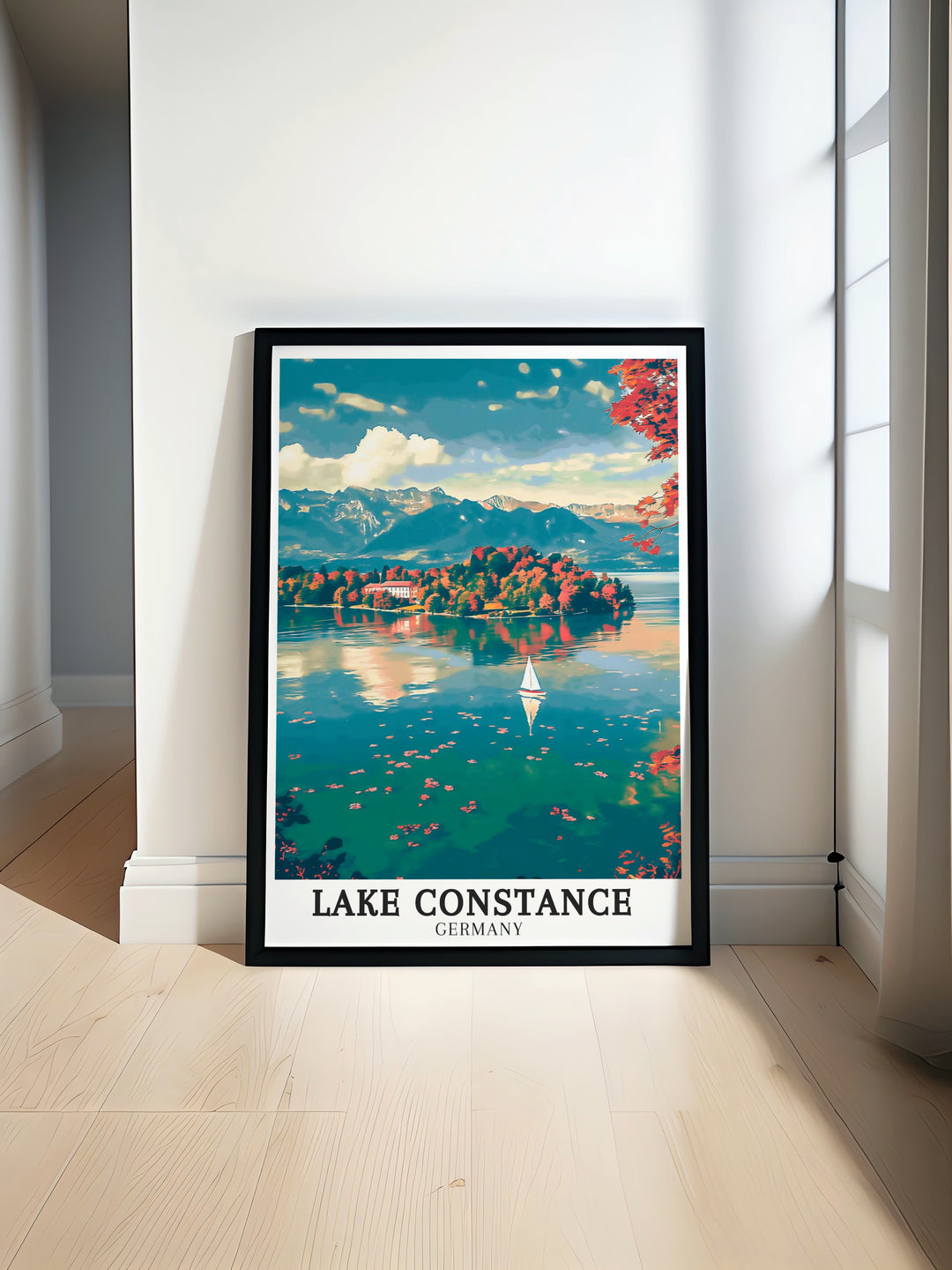 Mainau Island art deco travel posters showcasing vibrant gardens and serene landscapes of Lake Constance. These framed travel posters are ideal for adding a touch of European elegance to your wall decor. Experience the charm of Flower Island and Lake Constance through our beautifully crafted art deco travel posters.