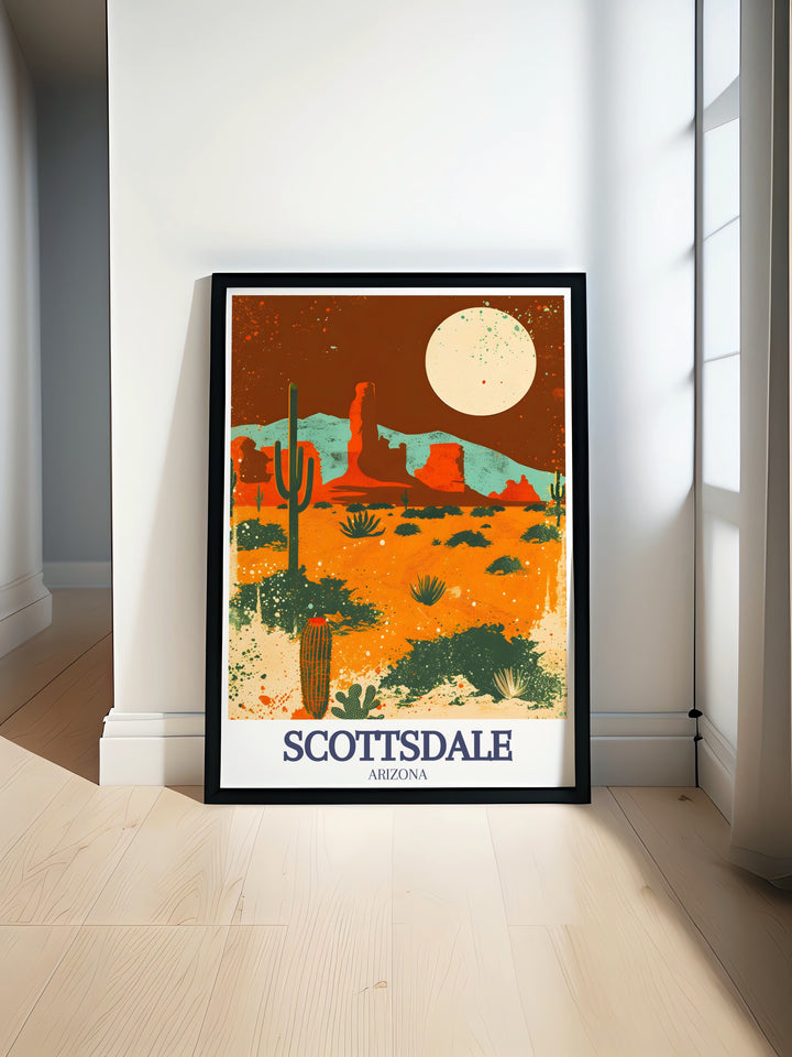 The vibrant colors and stunning details of this Scottsdale Travel Print highlight Arizonas incredible natural beauty, from Scottsdales desert scenes to Red Rock Canyons sandstone cliffs and Cathedral Rocks iconic formations.